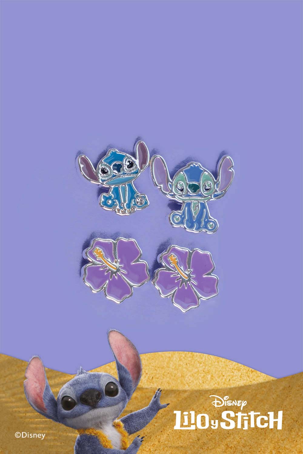 Set de aretes x2 baño en plata con diseño de stitch